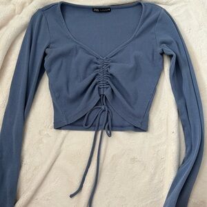 Zara Blue Ruched Tie Front Crop Blouse